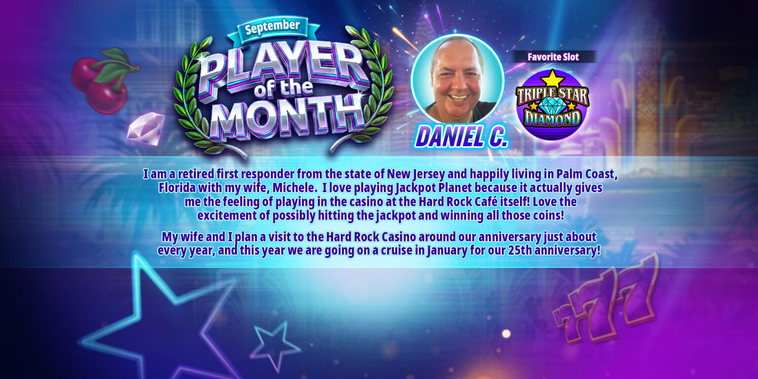 Daniel C., September 2026 Player of the Month, with his favorite slot Triple Star Diamond.